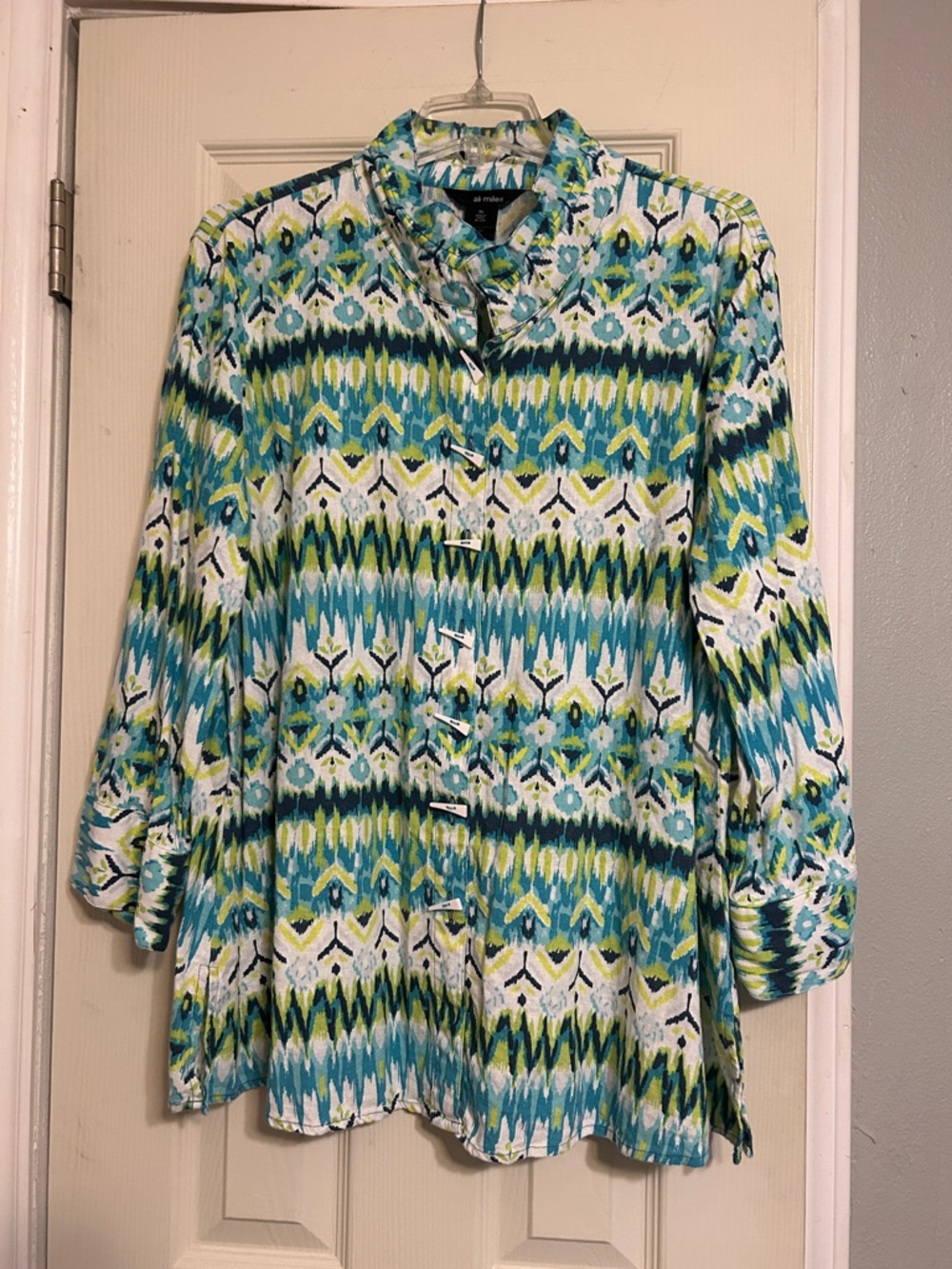 Ali Miles teal linen blend multi print tunic
